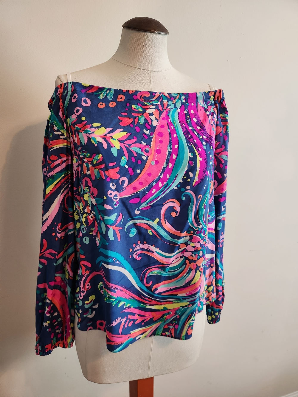 Lilly Pulitzer Navy Off-Shoulder Multicolor Floral-Print Blouse